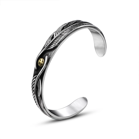 Vintage Stainless Steel Feather Cuff Bracelet For Men Women Retro Eagle Emblem Two-Tone Open Bangle Adjustable Ethnic Jewelry