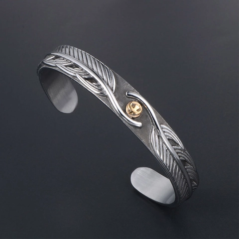 Vintage Stainless Steel Feather Cuff Bracelet For Men Women Retro Eagle Emblem Two-Tone Open Bangle Adjustable Ethnic Jewelry
