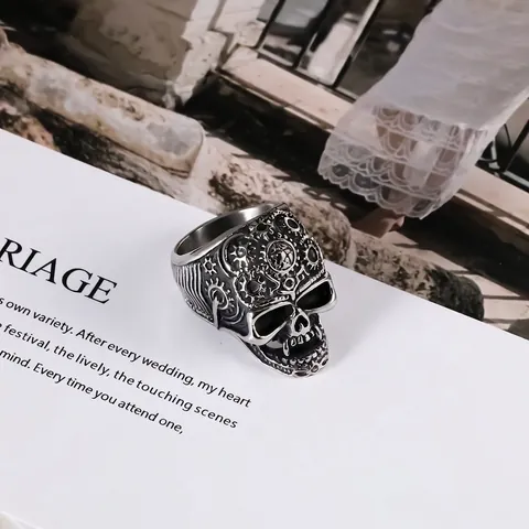 Vintage Stainless Steel Skull Ring Steampunk Mechanical Gear Biker Punk Gothic Biker Ring Retro Skeleton Halloween Jewelry