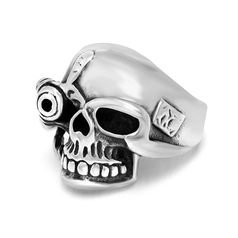 Bague Crâne en Acier Inoxydable Punk Gothique pour Hommes Mécanique Borgne Squelette Biker Argent Poli Bijoux Hip Hop