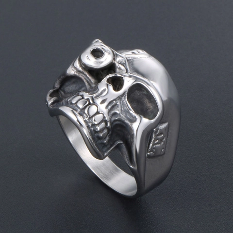 Bague Crâne en Acier Inoxydable Punk Gothique pour Hommes Mécanique Borgne Squelette Biker Argent Poli Bijoux Hip Hop