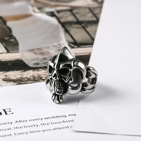 Vintage Gothic Skull Ring For Men Stainless Steel Punk Rock Biker Jewelry Distressed Polished Metal Finger Ring Accessory