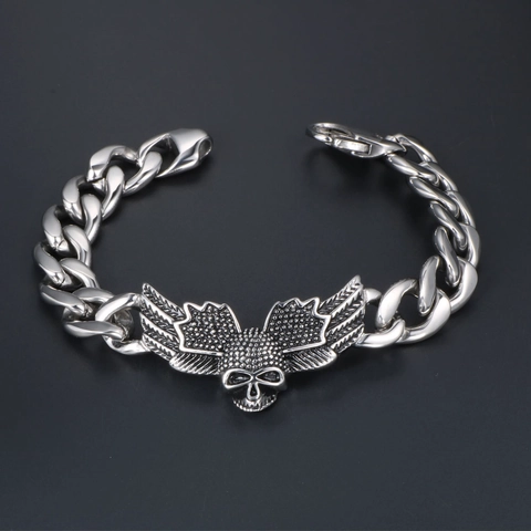 Bracciale Teschio Alato Gothic Punk per Uomo Acciaio Inossidabile Catena Cubana Gioielli Biker Argento Antico Lucido