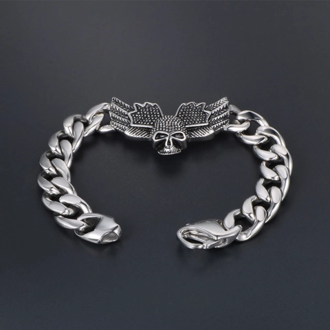 Bracciale Teschio Alato Gothic Punk per Uomo Acciaio Inossidabile Catena Cubana Gioielli Biker Argento Antico Lucido