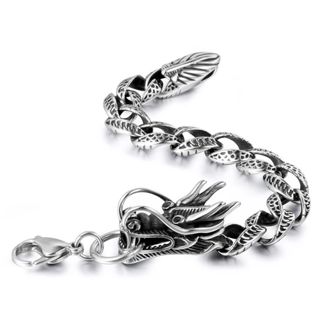 Bracciale Vintage Testa di Drago in Acciaio Inossidabile per Uomo Retro Catena a Maglie Scaglie di Drago Punk Gioielli Hip Hop
