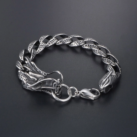 Bracciale Vintage Testa di Drago in Acciaio Inossidabile per Uomo Retro Catena a Maglie Scaglie di Drago Punk Gioielli Hip Hop