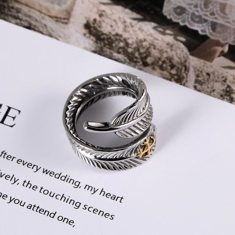 Vintage Titanium Steel Feather Open Ring For Men Women Gothic Cross Adjustable Bicolor Retro Jewelry Band Ring Gift
