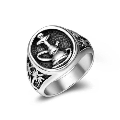 Retro Stainless Steel Hookah Palm Tree Signet Ring For Men Oxidized Distressed Relief Finger Ring Exotic Style Men Jewelry