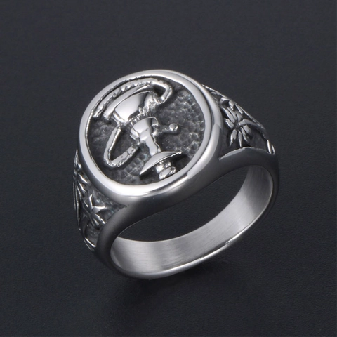 Retro Stainless Steel Hookah Palm Tree Signet Ring For Men Oxidized Distressed Relief Finger Ring Exotic Style Men Jewelry