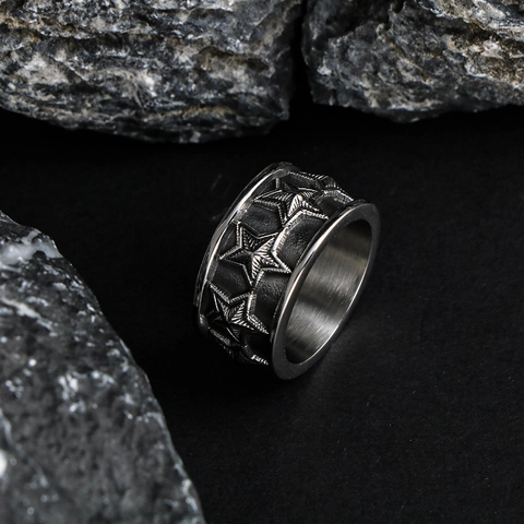 Retro Punk Stainless Steel Wide Band Ring Carved Star Relief Distressed For Men Women Unisex Hip Hop Jewelry Ring