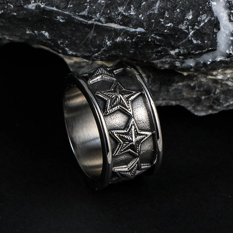 Retro Punk Stainless Steel Wide Band Ring Carved Star Relief Distressed For Men Women Unisex Hip Hop Jewelry Ring