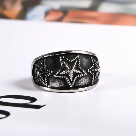 Vintage Punk Titanium Staal Ster Ring Voor Mannen Vrouwen Gezwart Geoxideerd Pentagram In Reliëf Brede Band Mode Rock Club Sieraden