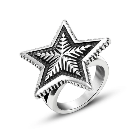 Retro Stainless Steel Pentagram Star Ring For Men Women Punk Rock Biker Large Finger Ring Jewelry With Radial Textured Design