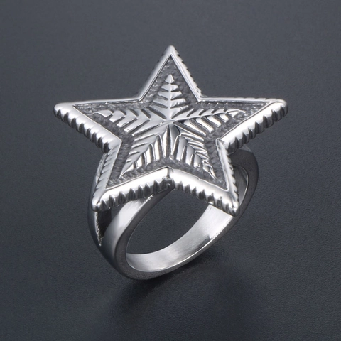 Retro Stainless Steel Pentagram Star Ring For Men Women Punk Rock Biker Large Finger Ring Jewelry With Radial Textured Design