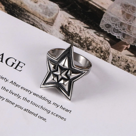 Punk Retro Titanium Steel Five-Pointed Star Ring For Men Vintage Rock Style 3D Stereo Star Band Ring Fashion Jewelry Gift
