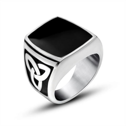 Anello da Uomo Vintage in Acciaio Inossidabile con Nodo Celtico Chevalière Quadrata Smalto Nero Intarsiato Gothic Punk Fashion