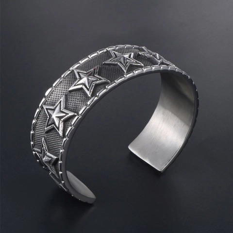 Retro Punk Titanium Steel Wide Open Cuff Bracelet With Embossed Five Pointed Star Industrial Style Fashion Men Women Jewelry