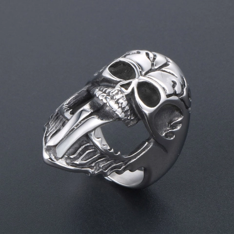 Anello Teschio con Lingua Lunga in Acciaio Inossidabile Gothic Punk per Uomo Gioielli Rock Biker Argento Vintage Halloween