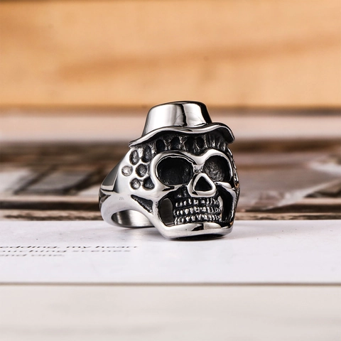 Vintage Edelstahl Totenkopf Mit Zylinder Ring Für Herren Gothic Punk Distressed Skelett Fingerring Biker Schmuck Zubehör