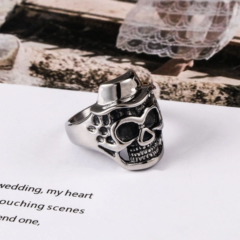 Vintage Edelstahl Totenkopf Mit Zylinder Ring Für Herren Gothic Punk Distressed Skelett Fingerring Biker Schmuck Zubehör