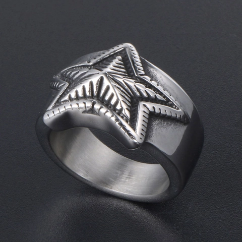 Retro Titanium Steel Five Pointed Star Ring For Men Women Punk Rock Wide Band Statement Jewelry Distressed Metal Ring