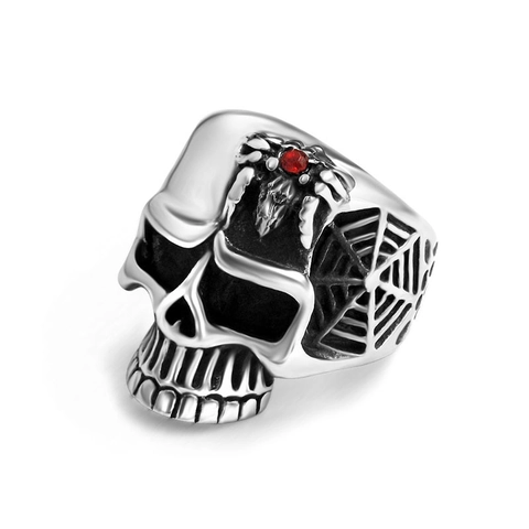 Anello Vintage Teschio in Acciaio Inossidabile da Uomo Gotico Punk Rock Anello Ragnatela Con Strass Rosso Gioielli Uomo