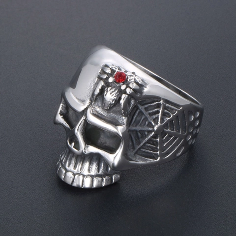 Anello Vintage Teschio in Acciaio Inossidabile da Uomo Gotico Punk Rock Anello Ragnatela Con Strass Rosso Gioielli Uomo
