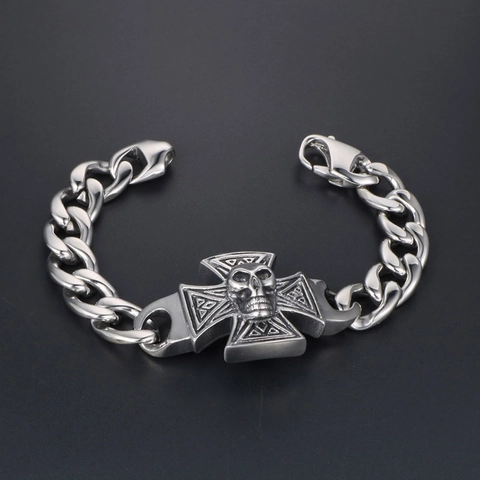 Bracciale Uomo Gotico Acciaio al Titanio Teschio Croce Maglia Cubana Biker Retrò Argento Lucido Gioielli Regalo