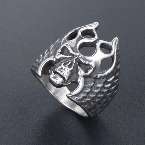 Vintage Gotische Schedel Ring Voor Mannen Roestvrij Staal Punk Rock Vleugel Biker Ring Hip Hop Geoxideerd Gepolijst Mode Sieraden