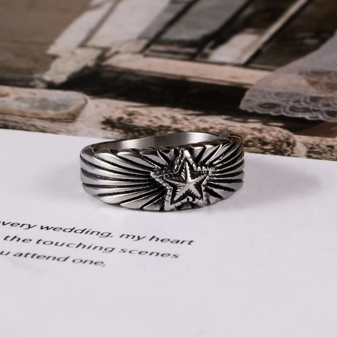 Vintage Pentagram Titanium Steel Ring For Men Women Punk Gothic Star Sunburst Textured Distressed Stainless Steel Jewelry Finger Ring