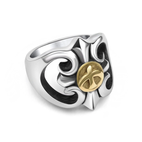 Retro Punk Stainless Steel Eagle Ring For Men Gothic Cross Scroll Pattern Biker Band Ring Silver Gold Two-Tone Vintage Fashion Jewelry Gift