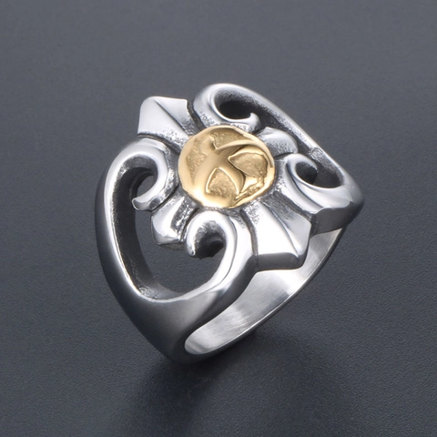 Retro Punk Stainless Steel Eagle Ring For Men Gothic Cross Scroll Pattern Biker Band Ring Silver Gold Two-Tone Vintage Fashion Jewelry Gift