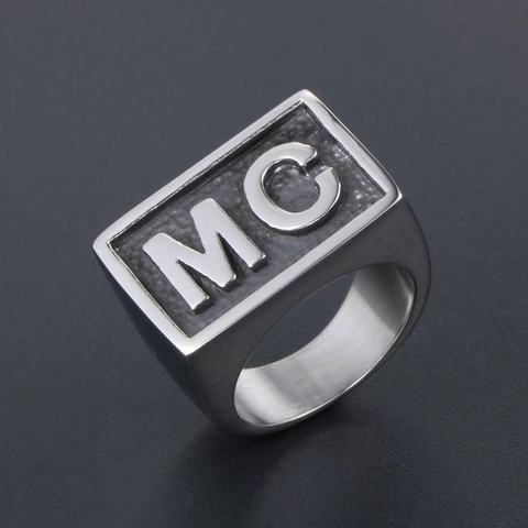 Vintage Stainless Steel MC Letter Signet Ring For Men Women Punk Biker Style Black Matte Rectangular Wide Band Polished Finger Ring