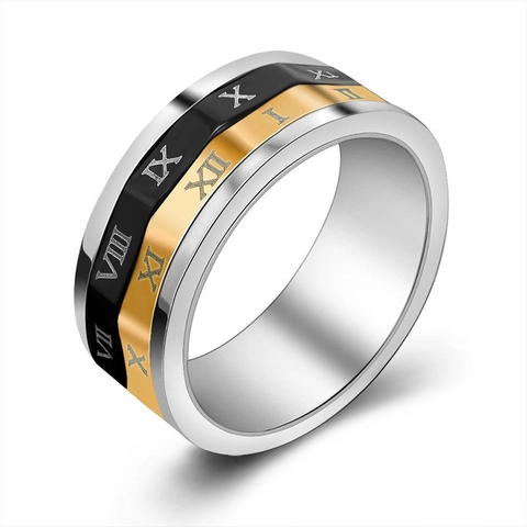 Retro Unisex Driekleurige Titanium Roestvrijstalen Ring Met Romeinse Cijfers Gepolijste Afwerking Mode Vingerband Sieraden
