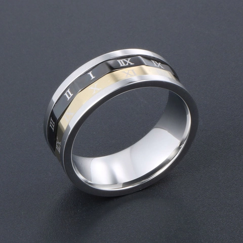 Retro Unisex Driekleurige Titanium Roestvrijstalen Ring Met Romeinse Cijfers Gepolijste Afwerking Mode Vingerband Sieraden