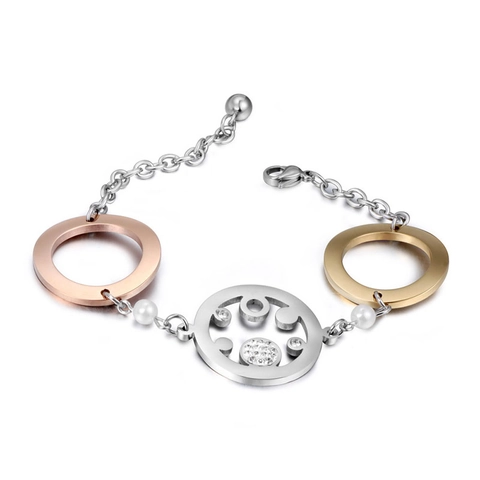 Elegant Tricolor Stainless Steel Bracelet For Women Interlocking Circles With Rhinestones And Artificial Pearls Hand Jewelry