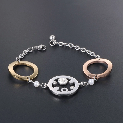 Elegant Tricolor Stainless Steel Bracelet For Women Interlocking Circles With Rhinestones And Artificial Pearls Hand Jewelry