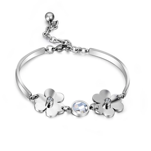 Elegante Bracciale in Acciaio Inossidabile con Ciondolo a Fiore di Quadrifoglio in Strass Tono Argento Regolabile Gioielli da Donna