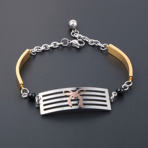 Driekleurig Roestvrijstalen Strik Armband Voor Dames Gemengd Metaal Holle Plaat Zwarte Kralen Minimalistische Sieraden Cadeau