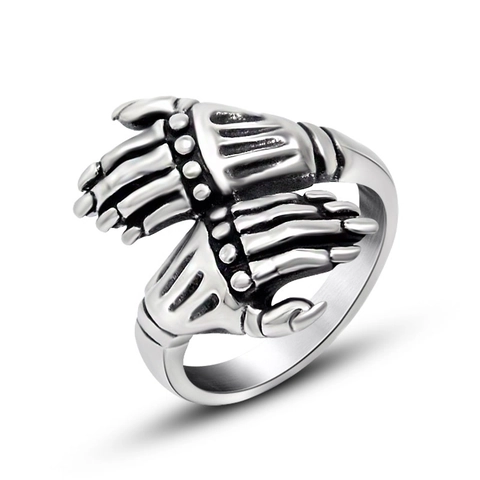 Bague en Acier Titane Vintage Punk Double Main de Squelette pour Hommes Gothic Skeleton Hugging Finger Ring Bijoux Rétro