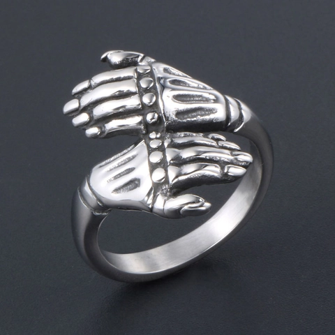 Bague en Acier Titane Vintage Punk Double Main de Squelette pour Hommes Gothic Skeleton Hugging Finger Ring Bijoux Rétro