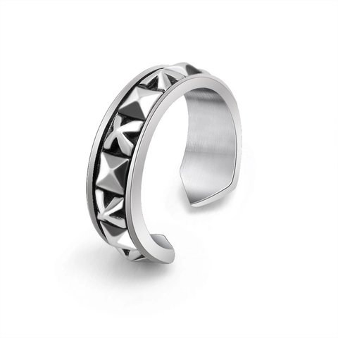 Anello Aperto Intagliato in Acciaio Inossidabile Retro Punk Gotico Borchie Motivo Geometrico Regolabile per Uomo Donna