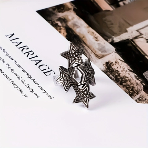 Vintage Titanium Steel Overlapping Star Ring For Men Punk Rock Stainless Steel Pentagram Finger Ring Fashion Jewelry Gift