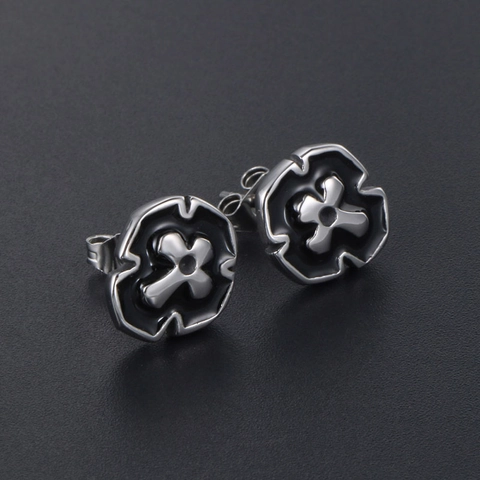 Punk Gothic Kreuz Titanstahl Ohrstecker Für Herren Schwarze Emaille Geometrisches Muster Vintage Religiöser Hip Hop Schmuck