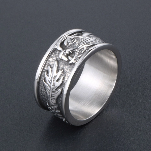 Vintage Stainless Steel Dragon Ring For Men Retro Embossed Dragon Head Scales Pattern Titanium Steel Wide Band Ring Jewelry