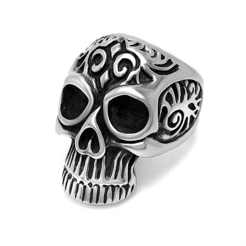 Vintage Stainless Steel Skull Ring Punk Gothic Fleur-de-lis Relief Engraved Band For Men Rock Street Style Jewelry Ring