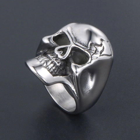 Vintage Stainless Steel Skull Ring For Men Punk Gothic Skeleton Head Finger Ring With Cracked Detail Silver Color Biker Jewelry