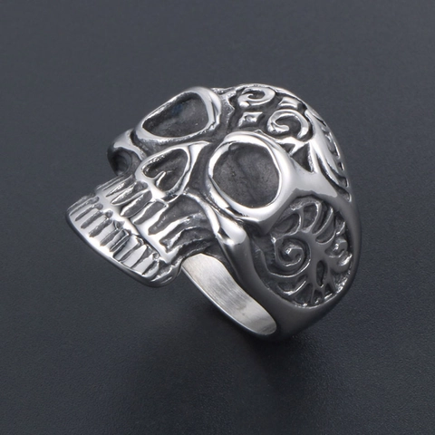Vintage Stainless Steel Skull Ring Punk Gothic Fleur-de-lis Relief Engraved Band For Men Rock Street Style Jewelry Ring