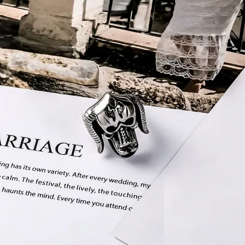 Vintage Stainless Steel Goat Head Skull Monster Ring For Men Punk Gothic Baphomet Horn Biker Jewelry Fashion Finger Ring