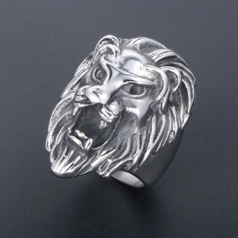 Vintage Punk Lion Head Stainless Steel Ring For Men Retro Animal Embossed Statement Jewelry Domineering Biker Finger Ring